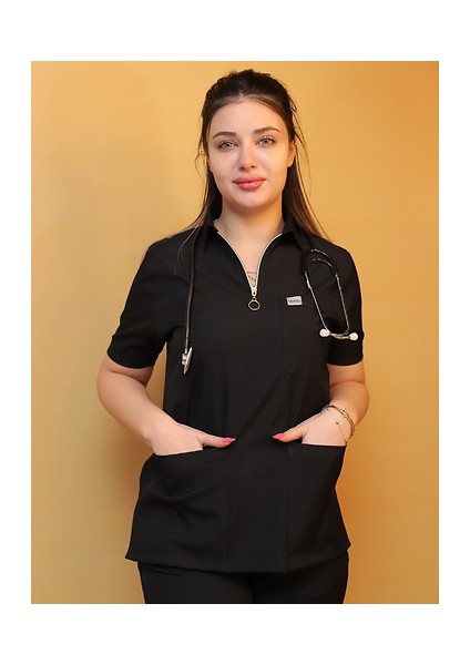 Fermuarlı Siyah Polo Yaka Hemşire Ve Doktor üniforması Scrubs Takım fiyatları