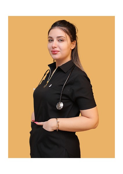 Fermuarlı Siyah Polo Yaka Hemşire Ve Doktor üniforması Scrubs Takım fırsatları