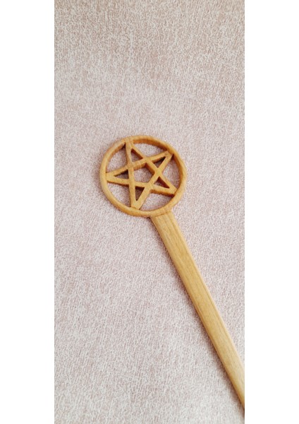 El Yapımı Doğal Ahşap Yıldız Pentagram Temalı Topuz Tokası, Saç Tokası