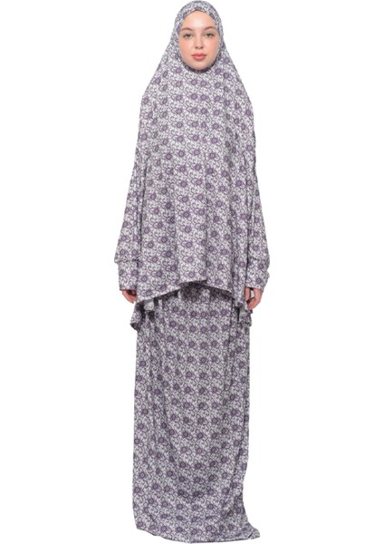 Pratik İki Parça Güneş Desenli Yarasa Kollu Başörtülü Likralı Tesettür Namaz Elbisesi 992 0326