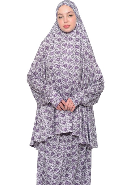 Pratik İki Parça Güneş Desenli Yarasa Kollu Başörtülü Likralı Tesettür Namaz Elbisesi 992 0326 fiyatları