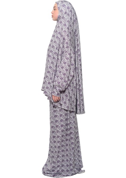 Pratik İki Parça Güneş Desenli Yarasa Kollu Başörtülü Likralı Tesettür Namaz Elbisesi 992 0326 modelleri