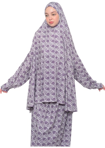 Pratik İki Parça Güneş Desenli Yarasa Kollu Başörtülü Likralı Tesettür Namaz Elbisesi 992 0326 fırsatları