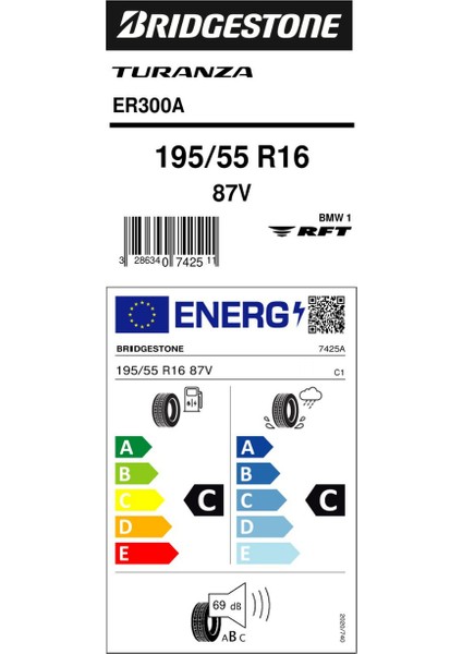 195/55R16 87V ER300-RFT (*) Yaz Lastiği (Üretim TARIHI:2024)