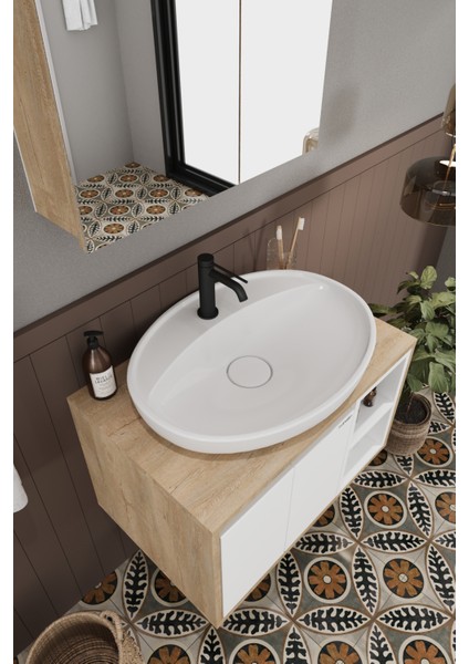 Lale Beyaz 70 cm %100 Mdf Lavabolu Banyo Dolabı + Aynalı Dolap fiyatları