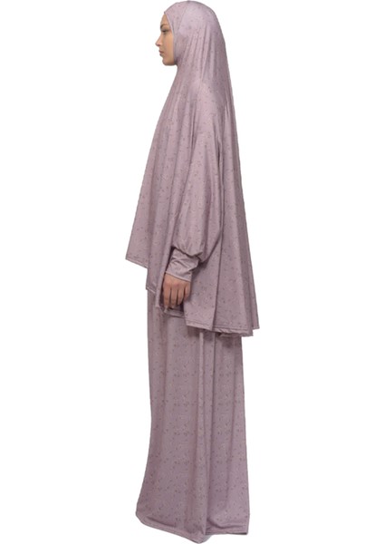 Pratik Iki Parça Çiçek Desenli Yarasa Kollu Başörtülü Likralı Tesettür Namaz Elbisesi 992-0211 modelleri