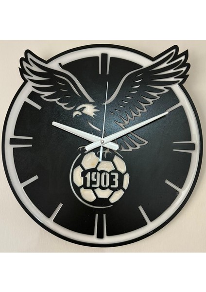 Ahşap Üzeri Epoksi Reçine Kaplamalı - Taraftar Duvar Saati - Beşiktaş Kartal Futbol Topu 1903 - 40 cm