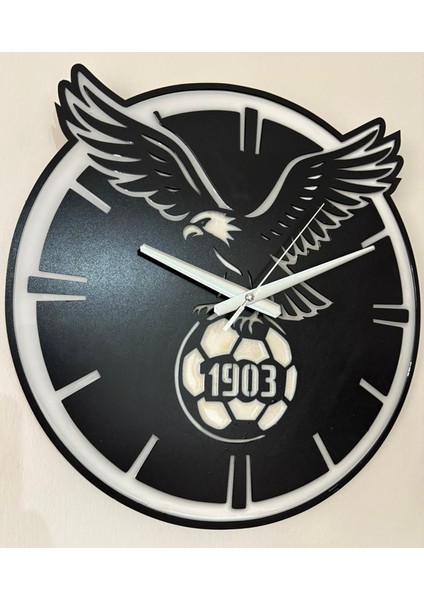 Ahşap Üzeri Epoksi Reçine Kaplamalı - Taraftar Duvar Saati - Beşiktaş Kartal Futbol Topu 1903 - 40 cm