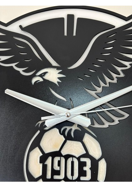 Ahşap Üzeri Epoksi Reçine Kaplamalı - Taraftar Duvar Saati - Beşiktaş Kartal Futbol Topu 1903 - 40 cm