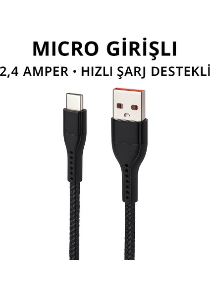Hasır Örgülü 2.4A Micro USB 1 Metre Hızlı Şarj ve Data Kablosu K-S10