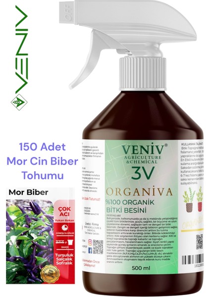 3V Organik Organiva 500 ml + 150 Acı Mor Cin Biberi Tohumu Seti
