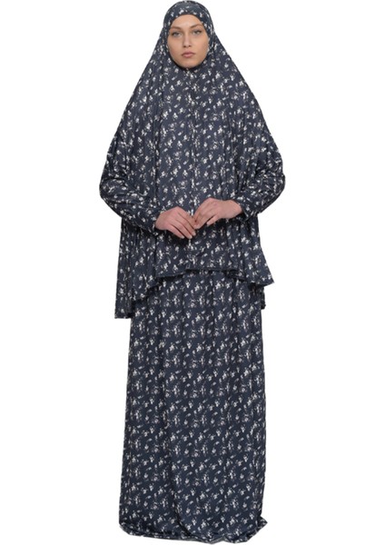 Pratik Iki Parça Çiçek Desenli Yarasa Kollu Başörtülü Likralı Tesettür Namaz Elbisesi 992-0210