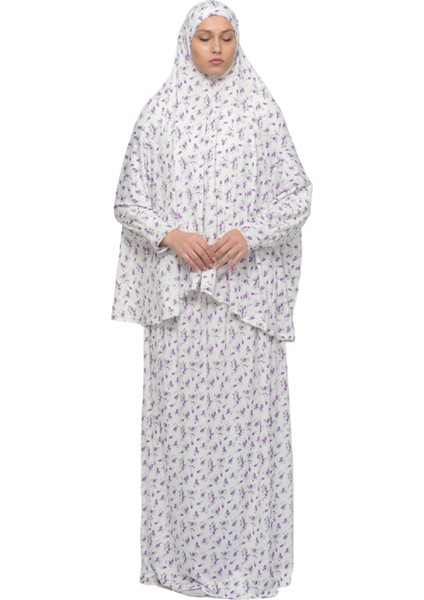 Pratik Iki Parça Çiçek Desenli Yarasa Kollu Başörtülü Likralı Tesettür Namaz Elbisesi 992-0203