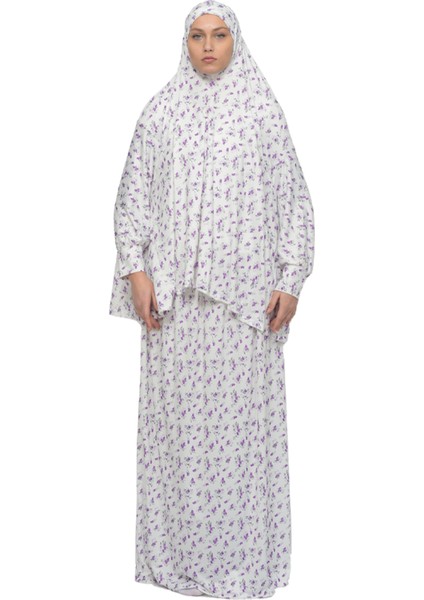 Pratik Iki Parça Çiçek Desenli Yarasa Kollu Başörtülü Likralı Tesettür Namaz Elbisesi 992-0203 fiyatları