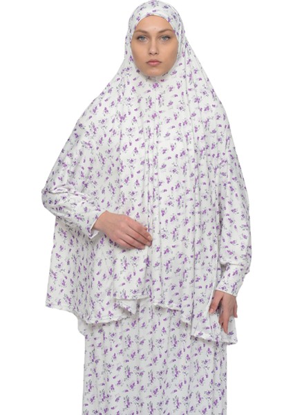 Pratik Iki Parça Çiçek Desenli Yarasa Kollu Başörtülü Likralı Tesettür Namaz Elbisesi 992-0203 fırsatları