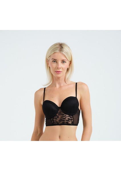 Kadın Siyah Dantel Detaylı Askılı Push Up Destekli Büstiyer Sütyen