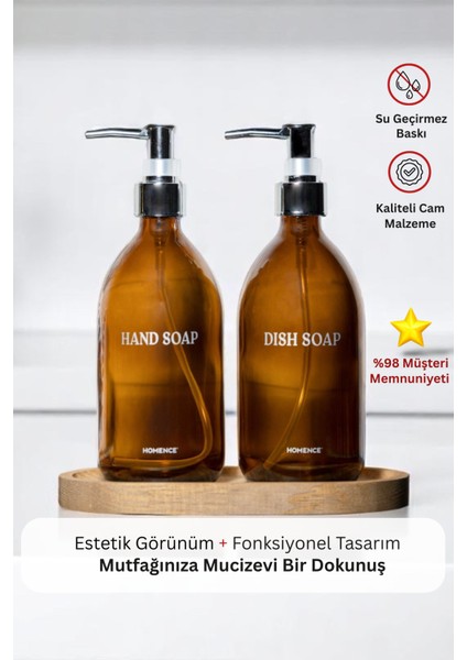 Ahşap Stantlı 2’li Amber Cam Sıvı Sabun Bulaşık Deterjanı Şişesi Silver Kapaklı Sabunluk 500 ml