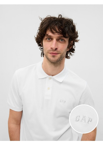 Erkek Beyaz Gap Logo Piqué Polo Yaka T-Shirt