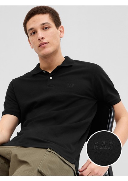 Erkek Siyah Gap Logo Piqué Polo Yaka T-Shirt