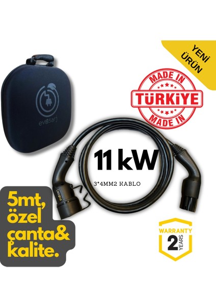 Elektrikli Araç Şarj Kablosu 11KW, 20A, 5mt, Tip2