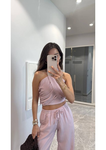 Pembe Premium Tasarım Boyundan Çapraz Bağlamalı Ikili Takım