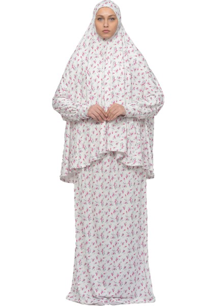 Pratik Iki Parça Çiçek Desenli Yarasa Kollu Başörtülü Likralı Tesettür Namaz Elbisesi 992-0201