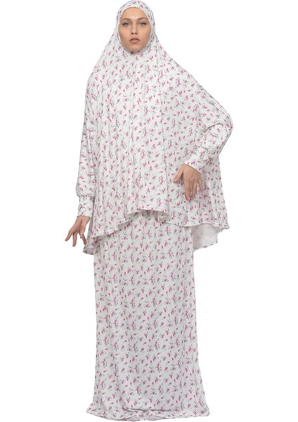 Pratik Iki Parça Çiçek Desenli Yarasa Kollu Başörtülü Likralı Tesettür Namaz Elbisesi 992-0201 fiyatları