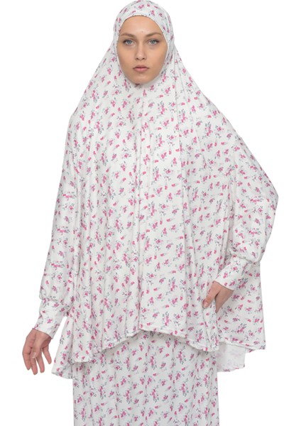 Pratik Iki Parça Çiçek Desenli Yarasa Kollu Başörtülü Likralı Tesettür Namaz Elbisesi 992-0201 fırsatları
