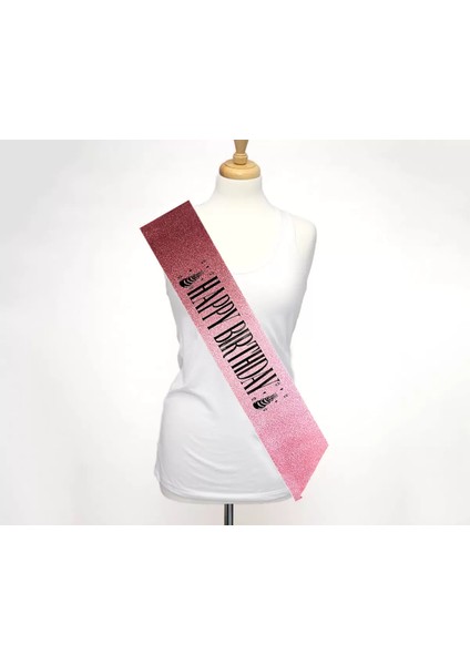 Pembe Üzeri Siyah Büyük Happy Birthday Yazılı Simli Işıltılı Kuşak Kemer 10 cm Genişlik (4172) fiyatları