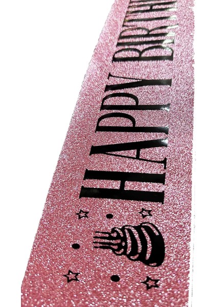 Pembe Üzeri Siyah Büyük Happy Birthday Yazılı Simli Işıltılı Kuşak Kemer 10 cm Genişlik (4172) modelleri