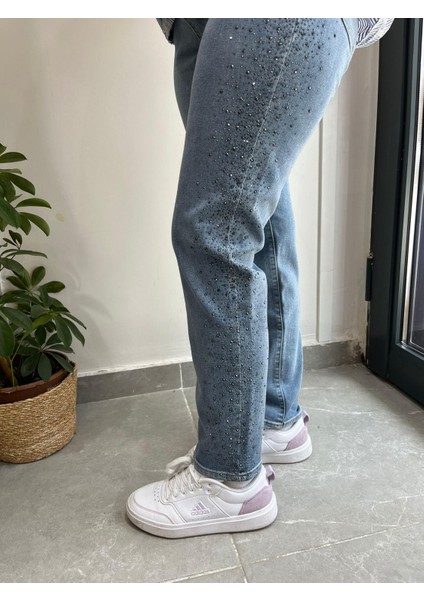Mom Jeans Yandan Taş Işlemeli Kot Pantolon 0291 fiyatları