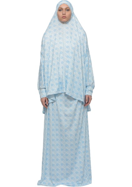 Pratik Iki Parça Güneş Desenli Yarasa Kollu Başörtülü Likralı Tesettür Namaz Elbisesi 992-0310
