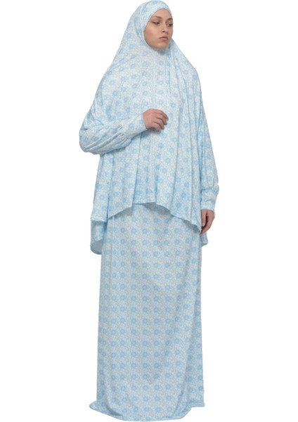 Pratik Iki Parça Güneş Desenli Yarasa Kollu Başörtülü Likralı Tesettür Namaz Elbisesi 992-0310