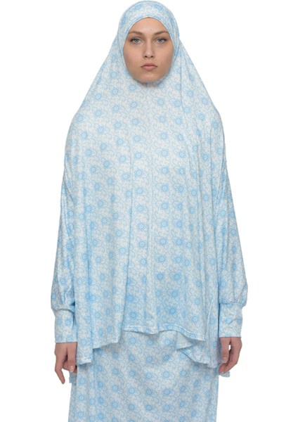 Pratik Iki Parça Güneş Desenli Yarasa Kollu Başörtülü Likralı Tesettür Namaz Elbisesi 992-0310