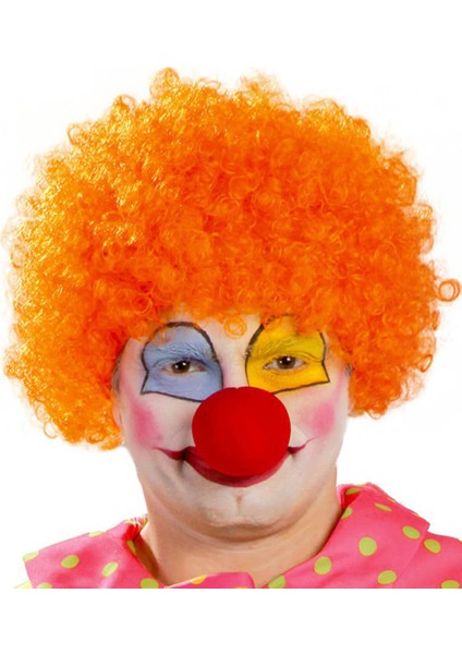Turuncu Renk Kıvırcık Afro Bonus Peruk Takma Saç ve Kırmızı Burun Seti (4172)