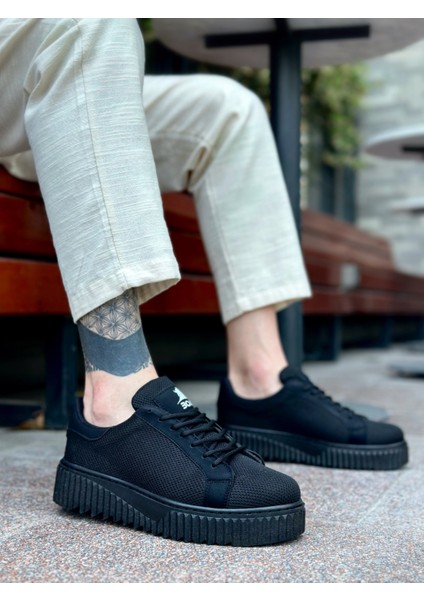 Bağcıklı Triko Erkek Günlük Ayakkabı Siyah (Siyah Taban) fiyatları