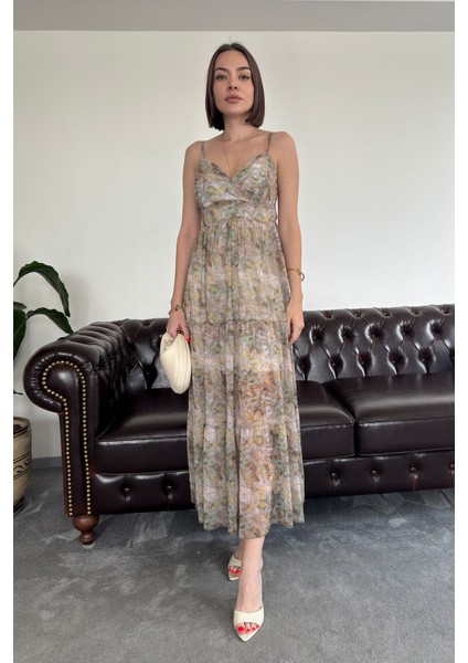 Batik Desen Özel Seri Şifon Yaryo Elbise- Haki