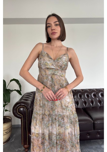 Batik Desen Özel Seri Şifon Yaryo Elbise- Haki fiyatları