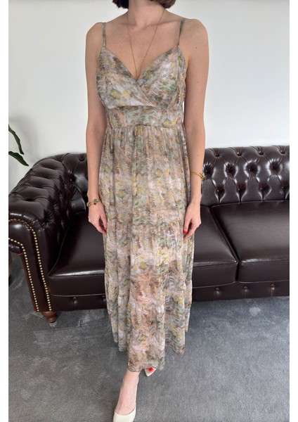 Batik Desen Özel Seri Şifon Yaryo Elbise- Haki modelleri