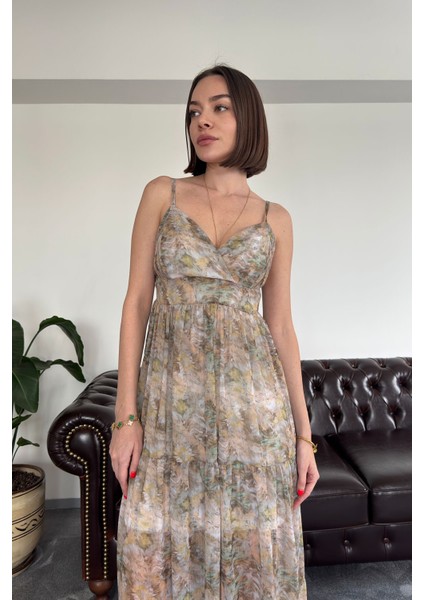 Batik Desen Özel Seri Şifon Yaryo Elbise- Haki fırsatları
