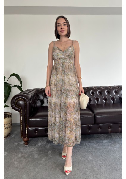 Batik Desen Özel Seri Şifon Yaryo Elbise- Haki indirimleri