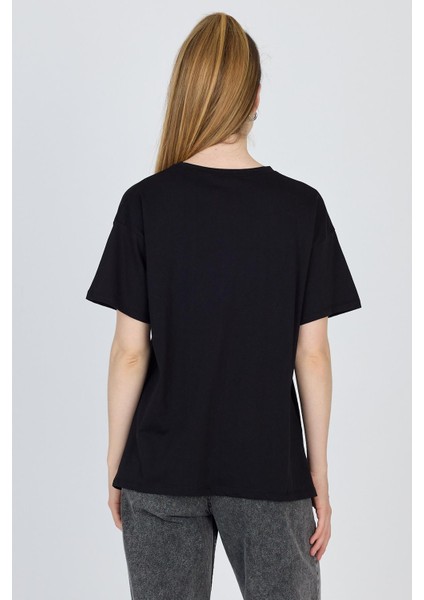 Siyah Yazı Baskılı %100 Pamuk Oversize Tişört 2150-3M indirimleri