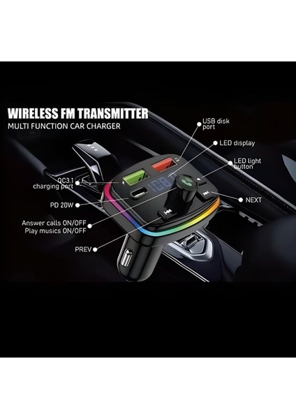Bluetooth Araç Kiti Araç Fm Transmitter USB Type-C Mp3 Sd Kart Flash Için Uygun Pd Çakmaklık Girişli Rbg Işıklı