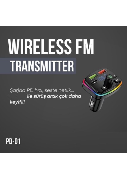 Bluetooth Araç Kiti Araç Fm Transmitter USB Type-C Mp3 Sd Kart Flash Için Uygun Pd Çakmaklık Girişli Rbg Işıklı