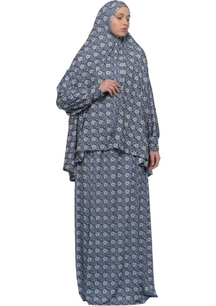 Pratik Iki Parça Güneş Desenli Yarasa Kollu Başörtülü Likralı Tesettür Namaz Elbisesi 992-0313