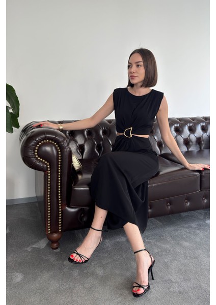 Açık Bel Detay Tokalı Elbise- Siyah fırsatları