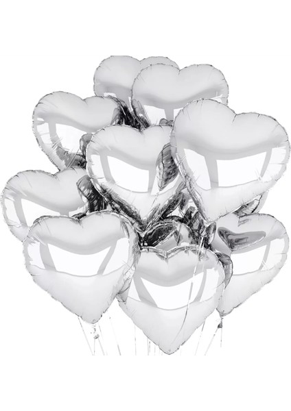 Metalize Parlak Gümüş Kalp Şekilli Uçan Balon Folyo 18 Inç 45 cm 10 Adet (4172)