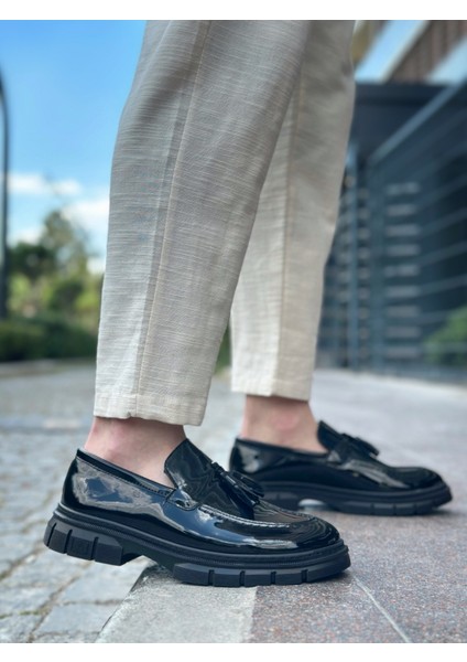 Püsküllü Erkek Casual Ayakkabı Siyah Rugan (Siyah Taban) modelleri