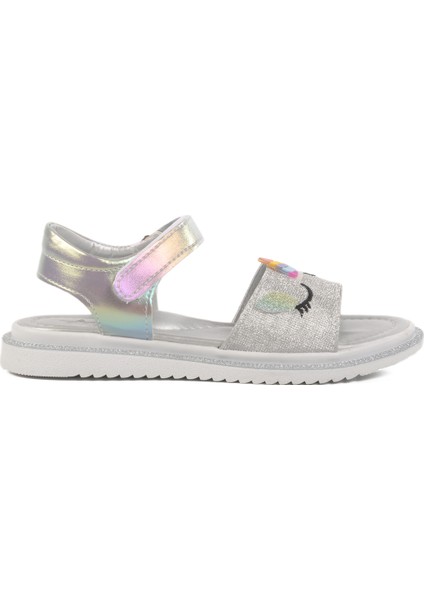 Gümüş Simli Cırtlı Ortopedik Kız Çocuk Düz Sandalet