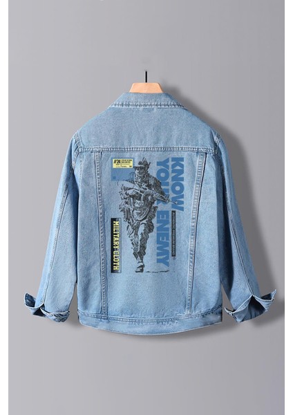 Erkek Slim Fit Sırt Baskılı Denim Kot Ceket Açık Mavi EDW371